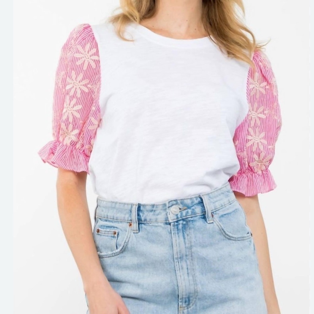 THML White Tee with Pink Embroidered Puff Sleeves